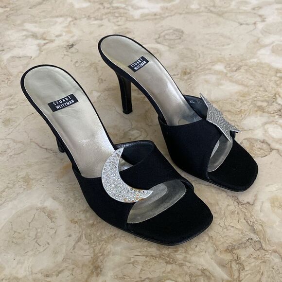 Stuart Weitzman Black Satin Heels Silver Rhinestone Moon & Star Mule Sandals - Picture 3 of 15